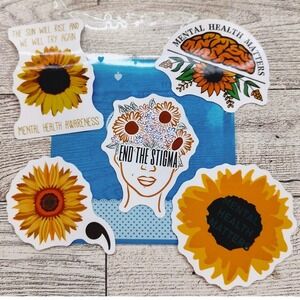 Mental Health Awareness Stickers Sunflower Semicolon End The Stigma 5pc Set